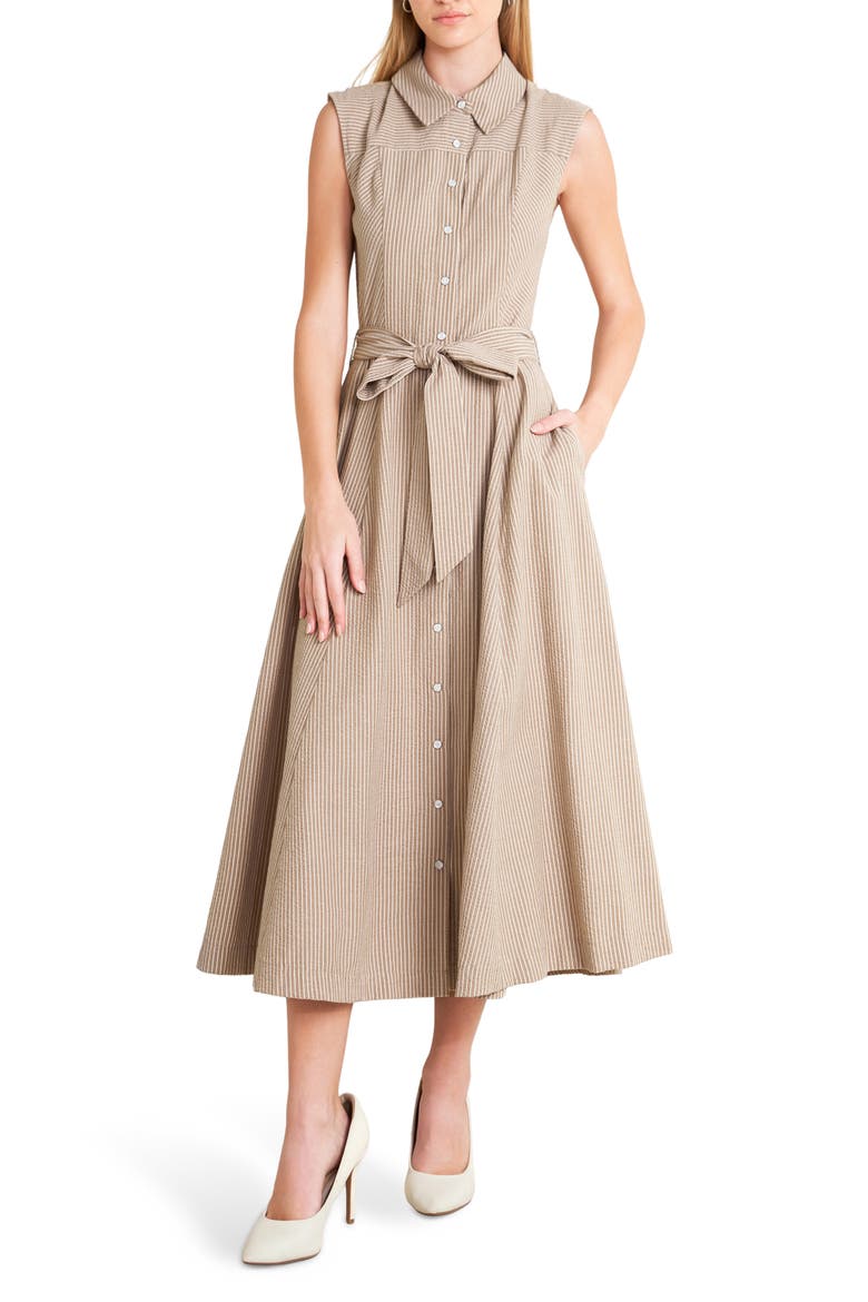 Pinstripe Midi Dress, Main, color, TAUPE