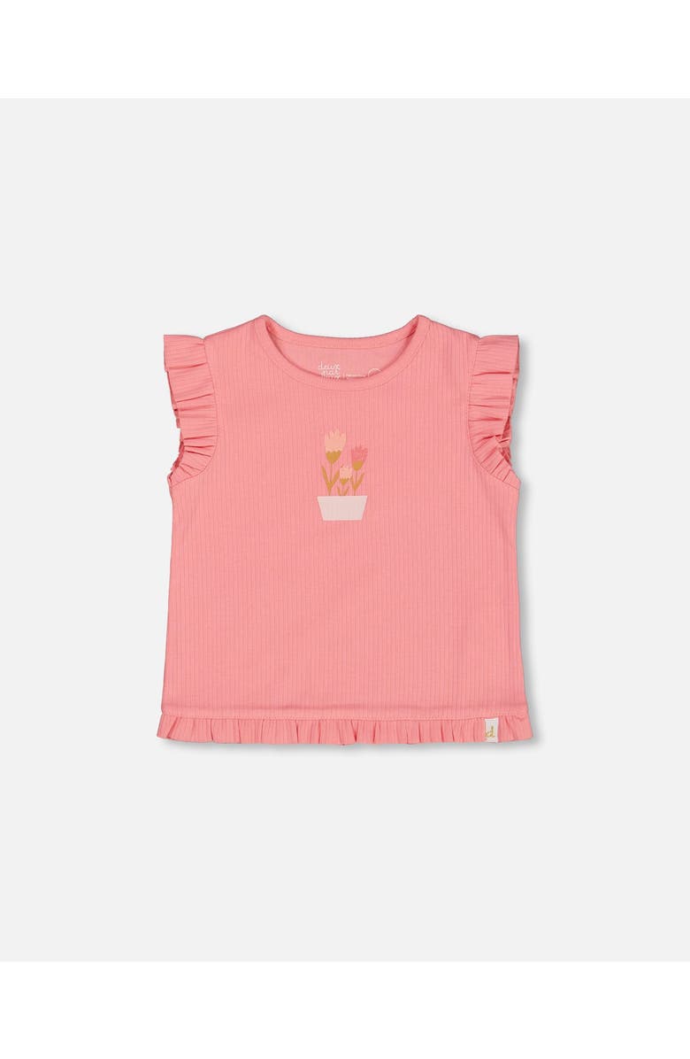 Deux par Deux Girl's Rib Tank Top With Frills Coral Pink, Main, color,