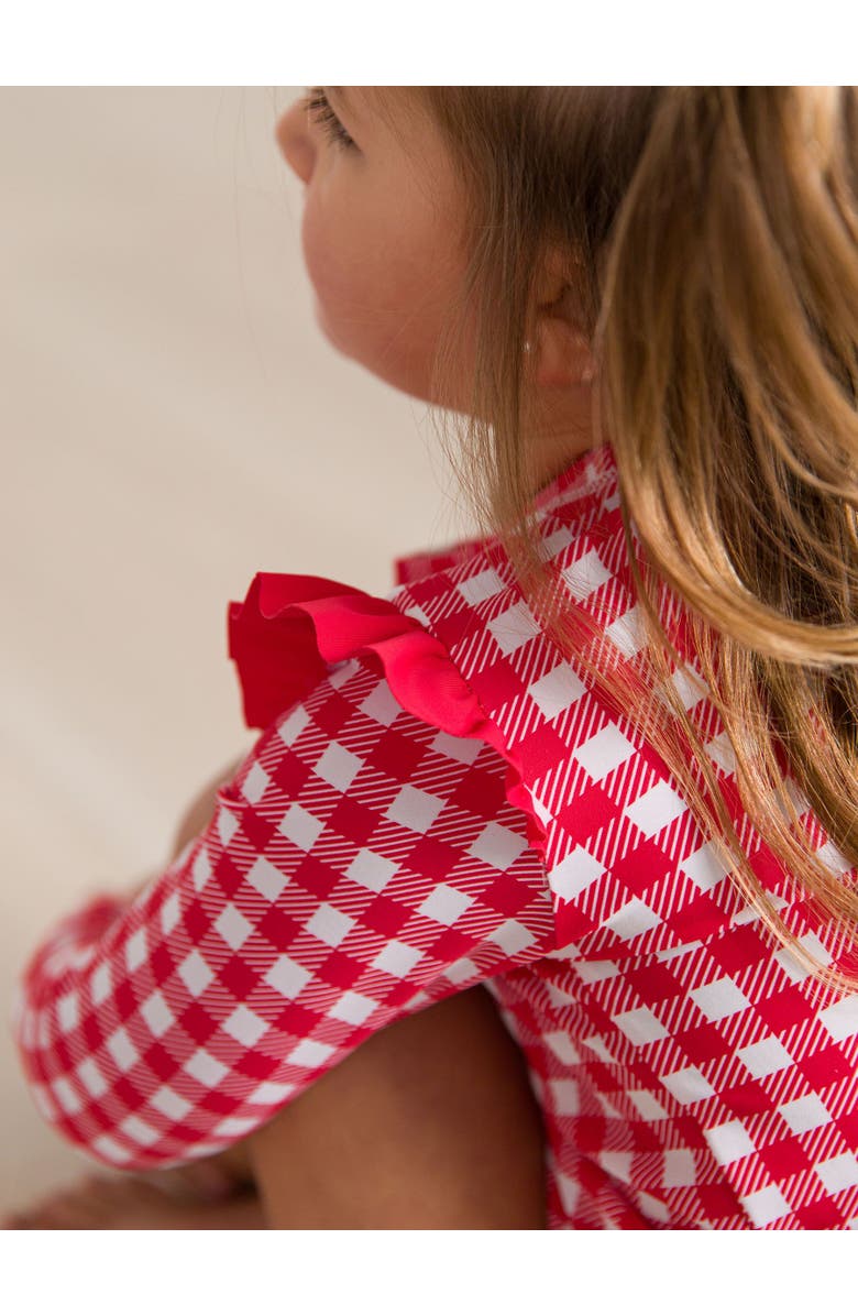 RuffleButts Baby/Toddler Girls UPF50+ Sun Protected Skirted Flutter Long Sleeve Rash Guard Bikini, Alternate, color, Vintage Red Gingham