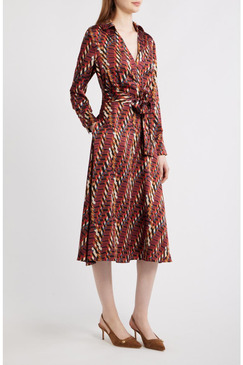 Geo Print Long Sleeve Midi Shirtdress, Alternate, color, CRANBERRY MULTI