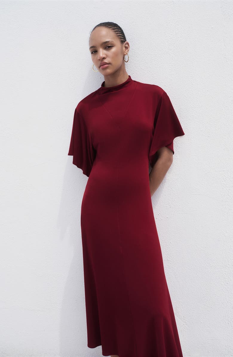 MANGO Bell Sleeve Midi Dress, Alternate, color, Burgundy