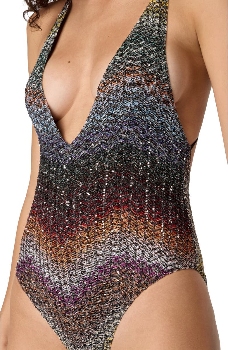 Missoni One-piece V-neck Swimsuit In A Greek-style Zigzag Knit With Sequins, Alternate, color, Multicoloured