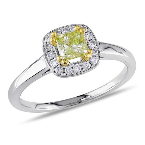 Yellow & White Diamond Halo Ring 14k