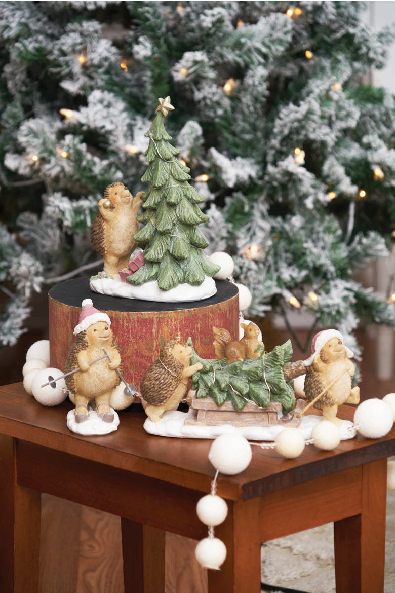 Skiing Hedgehog Figurine, Alternate, color, Brown