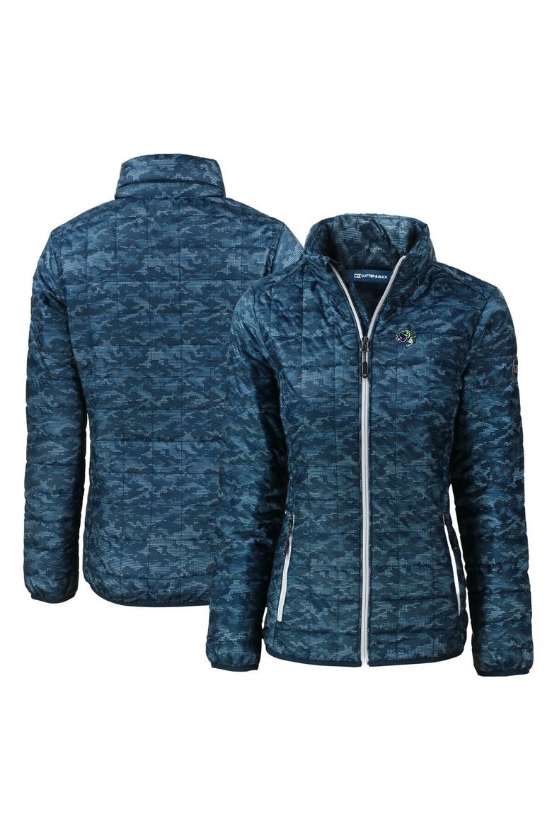 Women's Cutter & Buck  Navy Gwinnett Stripers Rainier PrimaLoft Eco Insulated Camo Full-Zip Puffer Jacket, Main, color, Navy