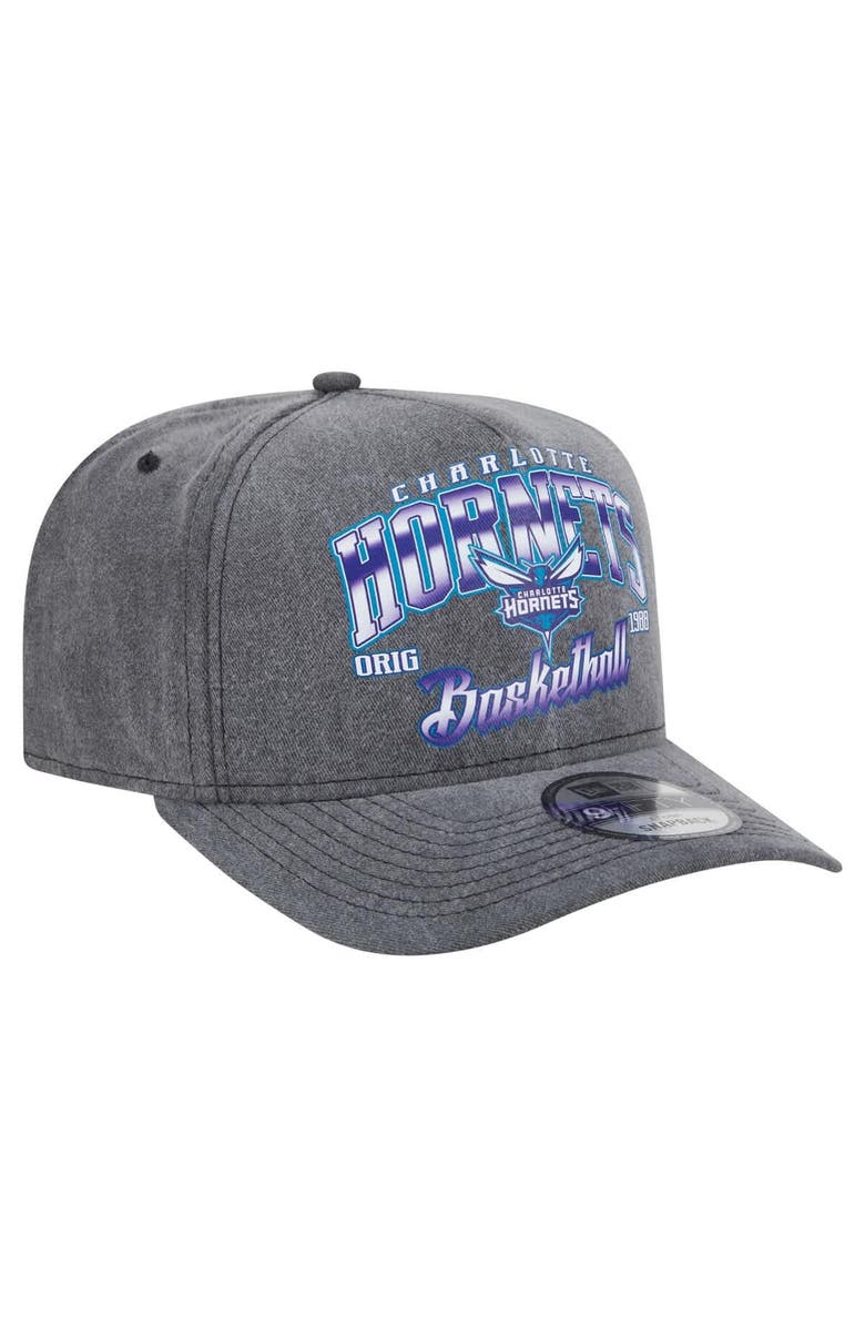 New Era Men's New Era Charcoal Charlotte Hornets Throwback Washed Pre-Curved 9FIFTY Snapback Hat, Alternate, color,