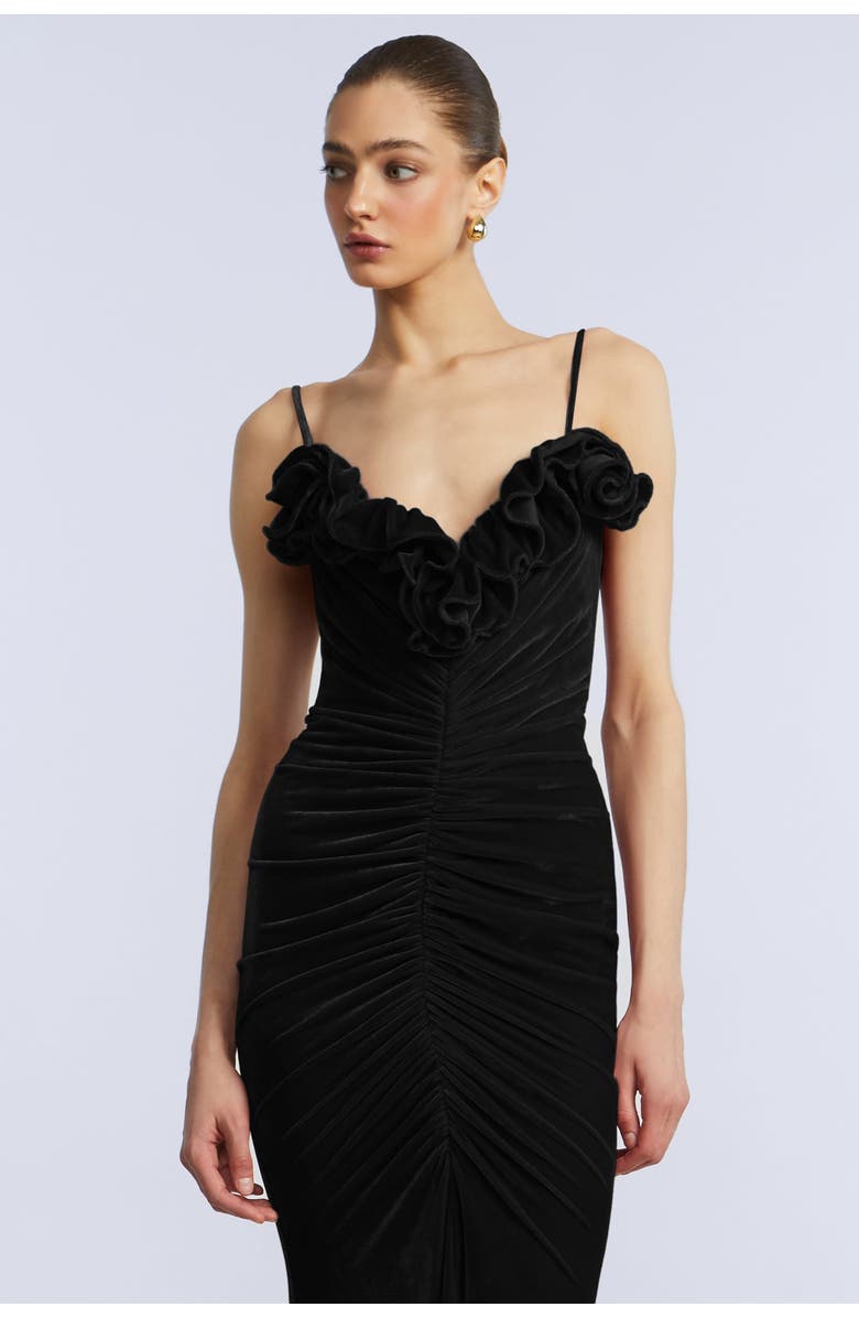 BCBGMAXAZRIA Ruffle Velvet Gown, Alternate, color, Black