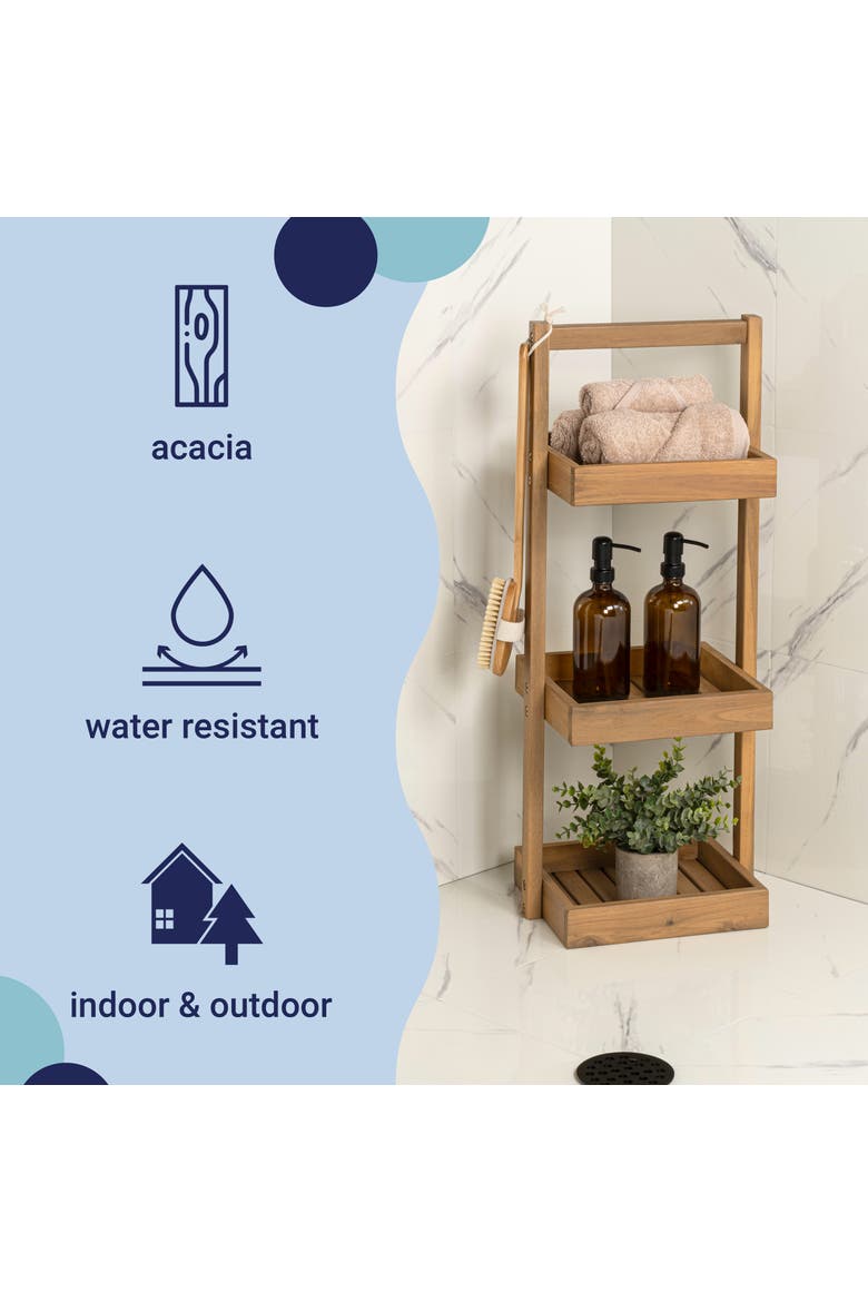 Tilly 30" Classic Rustic 3-Tier Acacia Wood Freestanding Bathroom Shower Caddy, Alternate, color, Light Teak