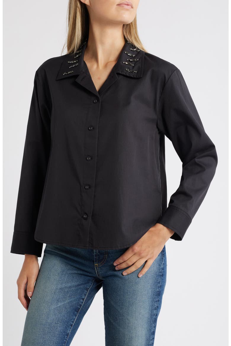 Beaded Collar Cotton Blend Button-Up Shirt, Main, color, BLACK