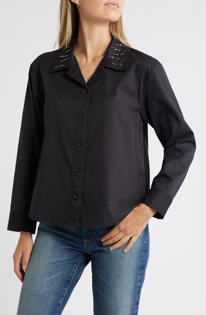 Wit & Wisdom Beaded Collar Cotton Blend Button-Up Shirt, Main, color, Black