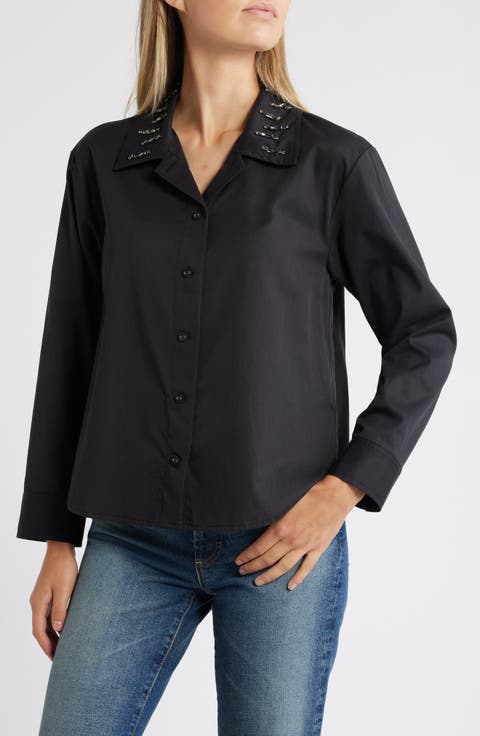 Beaded Collar Cotton Blend Button-Up Shirt