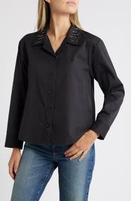 Wit & Wisdom Beaded Collar Cotton Blend Button-Up Shirt