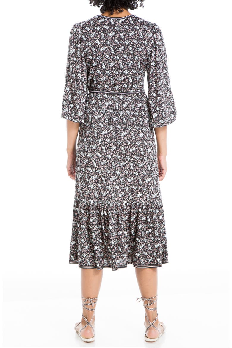 Textured Jersey Short Sleeve Wrap Midi Dress, Alternate, color, BLACK/ BLUSH MAGNOLIA CLUSTER