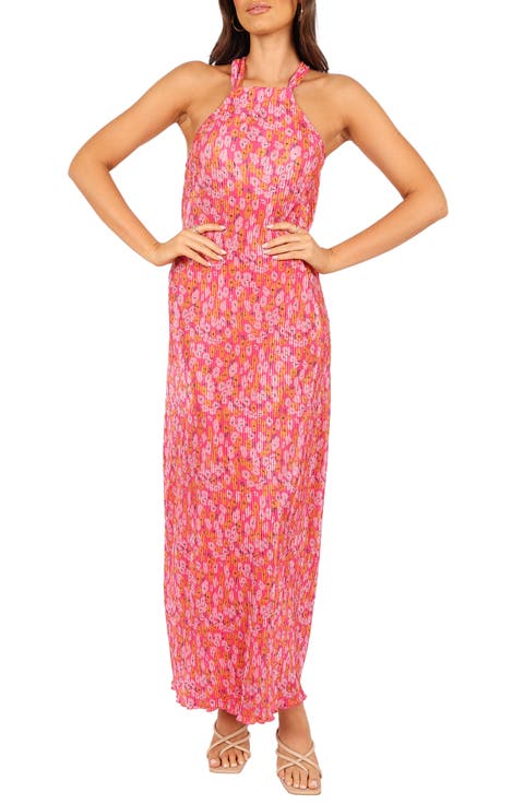 Melody Floral Print Halter Neck Plissé Maxi Dress