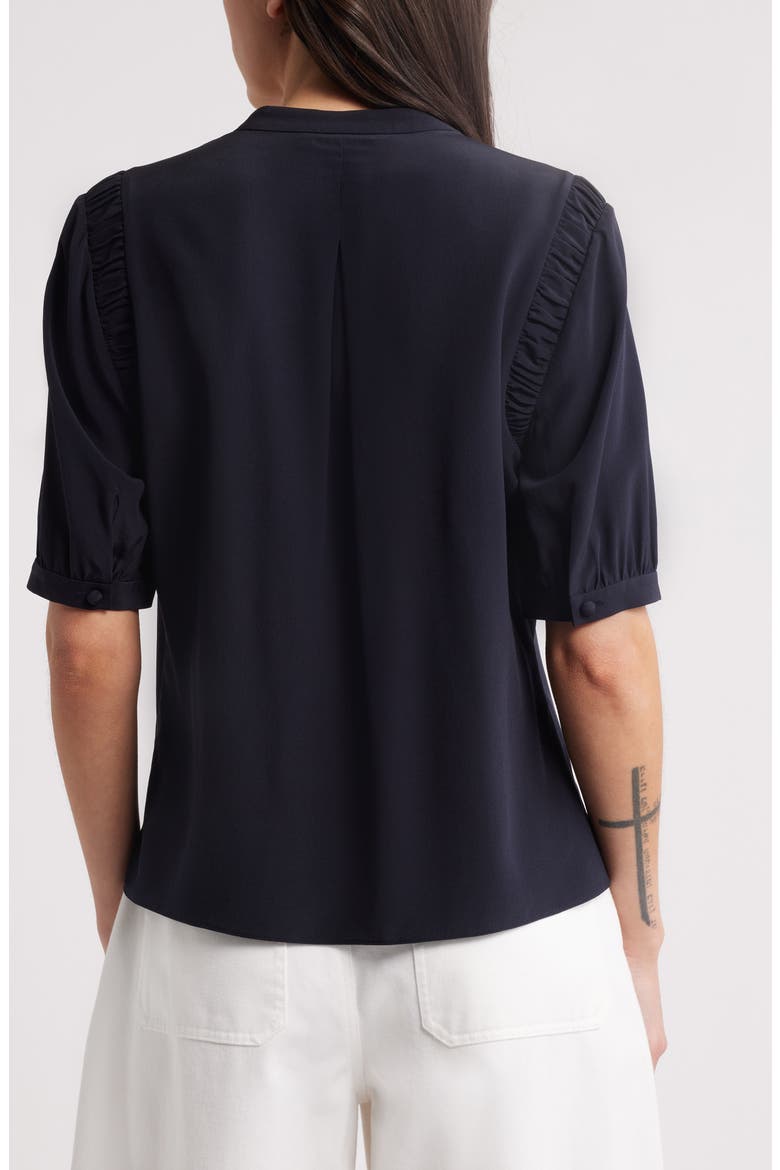 The Silk Gathered Short Sleeve Button-Up Shirt, Alternate, color, NAVY