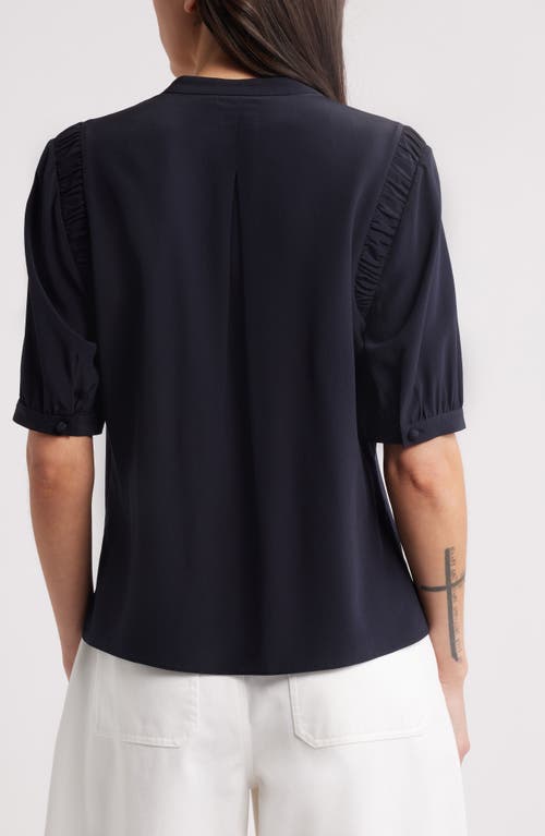 Frame The Silk Gathered Short Sleeve Button-up Shirt In Blue