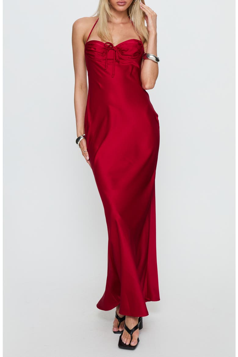 Costella Halter Satin Maxi Dress, Main, color, RED