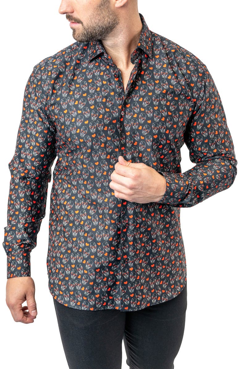 Maceoo Fibonacci Skull Heart Contemporary Fit Button-Up Shirt, Alternate, color, Black