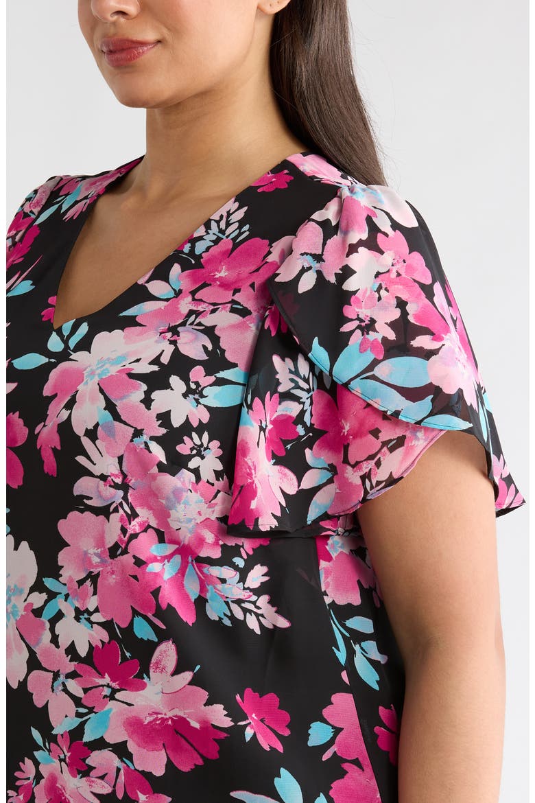 Floral Print Tulip Sleeve Top, Alternate, color, BLACK MULTI