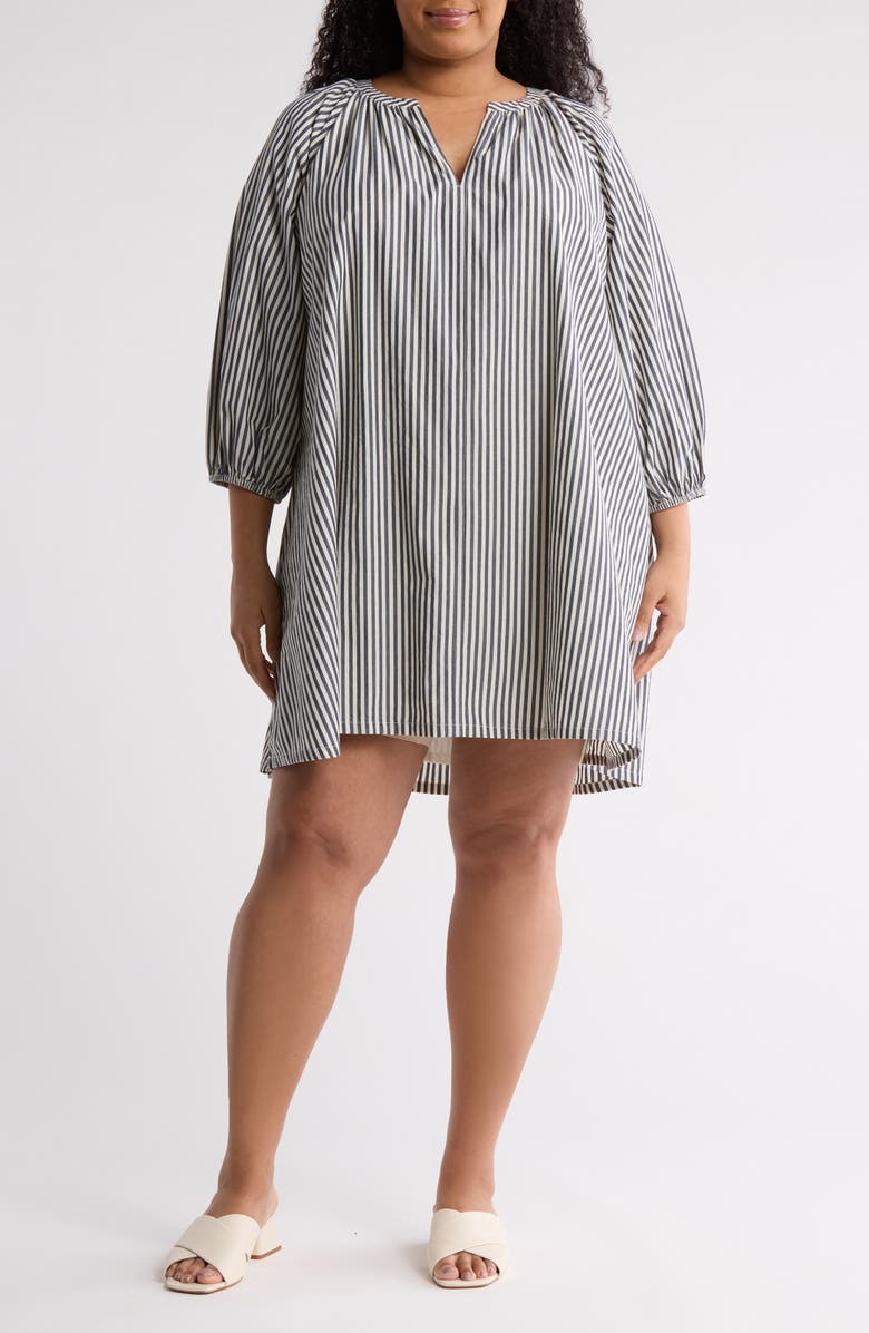 Melrose and Market Long Sleeve Poplin Minidress, Main, color, Ivory- Navy Cabana Stripe