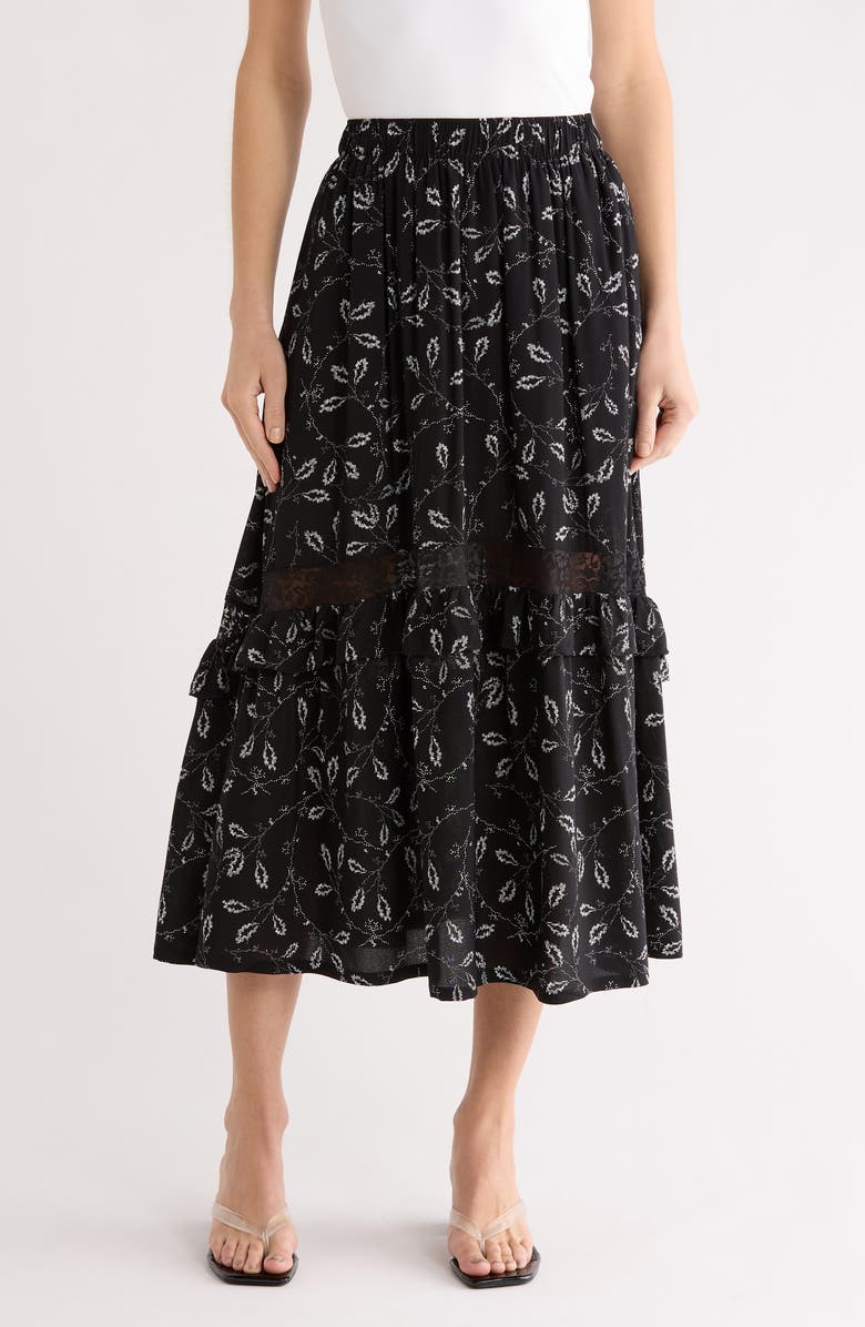 Melrose and Market Ruffle Lace Inset Maxi Skirt, Main, color, Black- Ivory Lace Stems