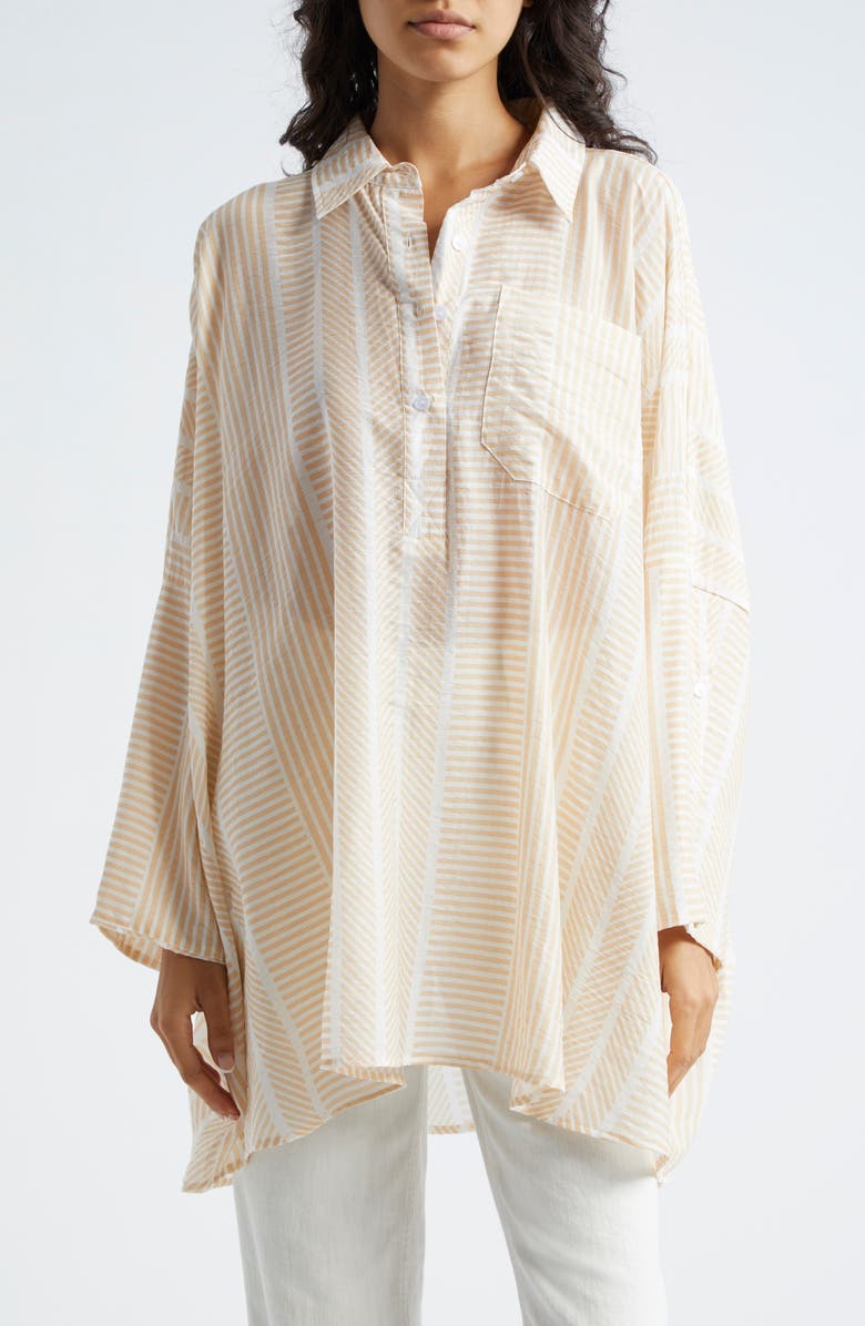 La Vie Style House Abstract Stripe Oversize Cotton Shirt, Main, color, Tan White