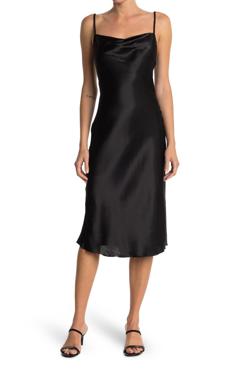 bebe Satin Cowl Neck Midi Dress, Main, color, Blk