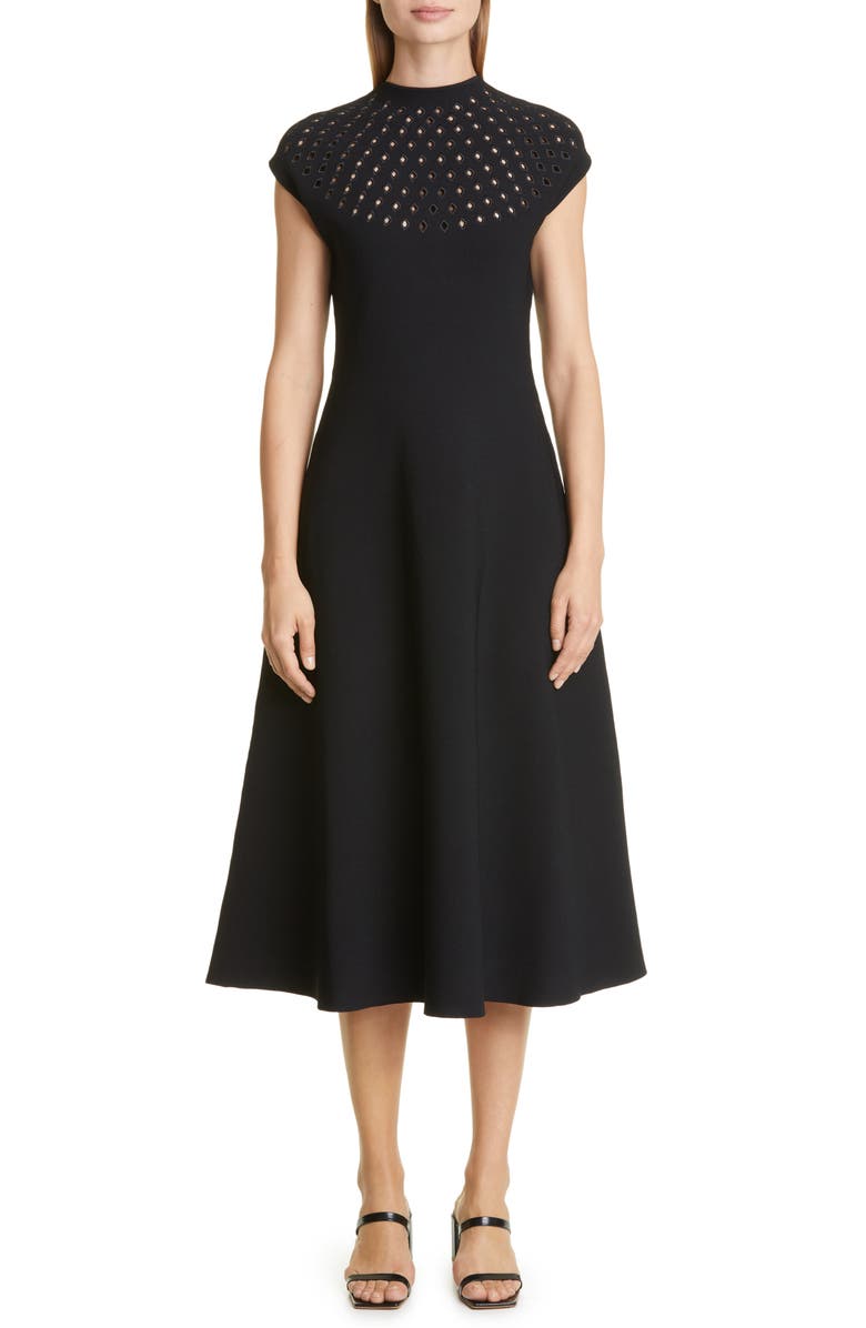 Lela Rose Eyelet Detail Cap Sleeve Knit Midi Dress, Main, color,