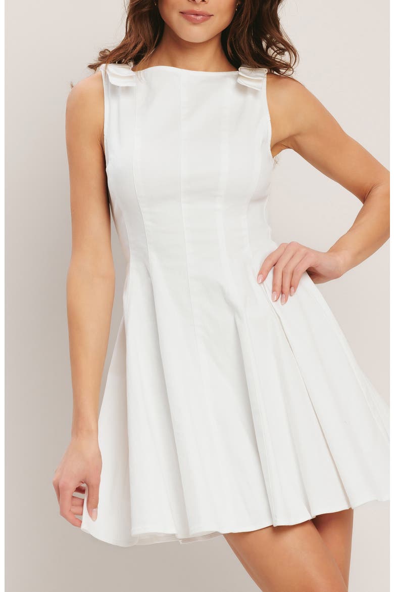 Bow Sleeveless Denim Fit & Flare Minidress, Alternate, color, WHITE DENIM