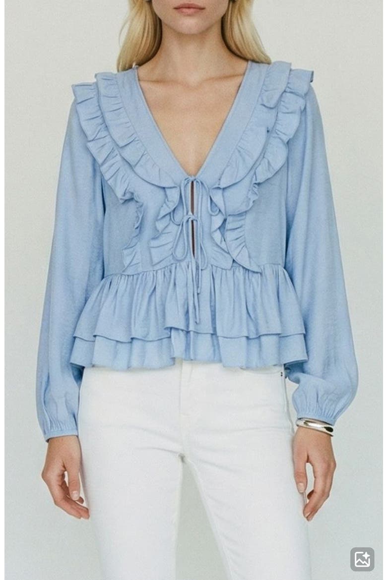 Zoey Ruffle Peplum Chambray Top, Main, color, BRUNNERA BLUE