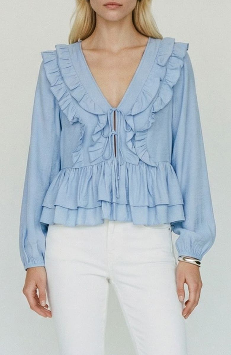 VERO MODA Zoey Ruffle Peplum Chambray Top, Main, color, Brunnera Blue