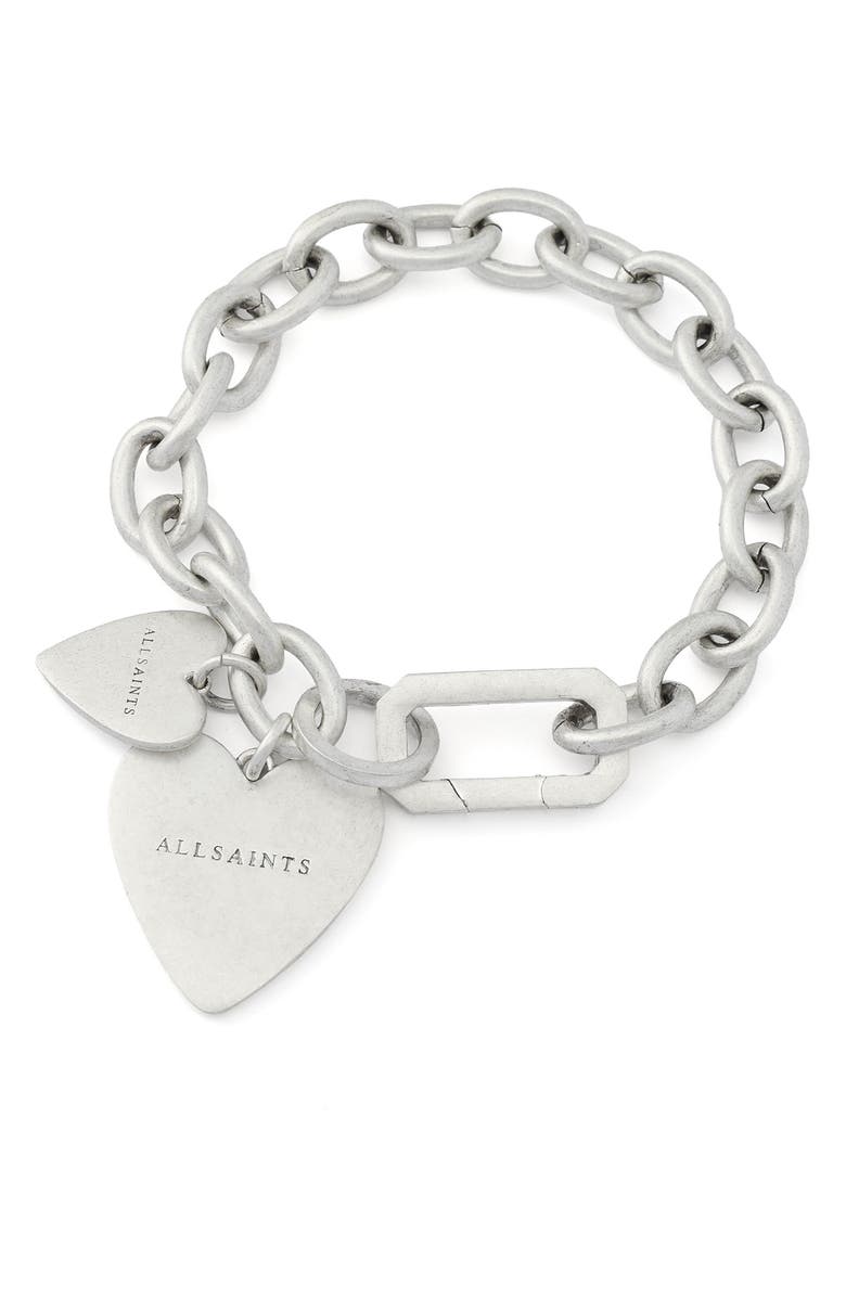 AllSaints Double Heart Chain Link Bracelet, Alternate, color, Warm Silver