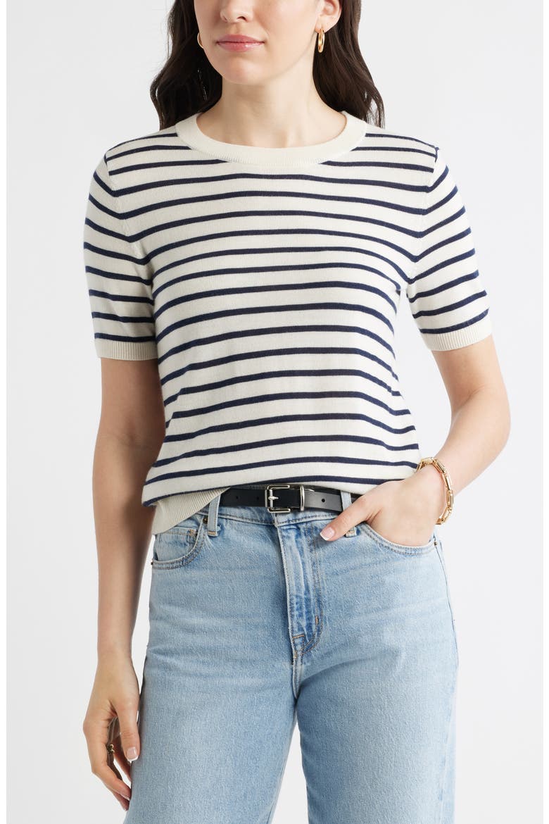 Short Sleeve Merino Wool Blend Sweater Top, Main, color, IVORY- NAVY JOSEPHINE STRIPE