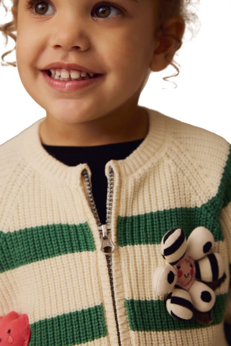 Kids' Tulip Appliqué Zip Sweater, Alternate, color, CREAM/GREEN