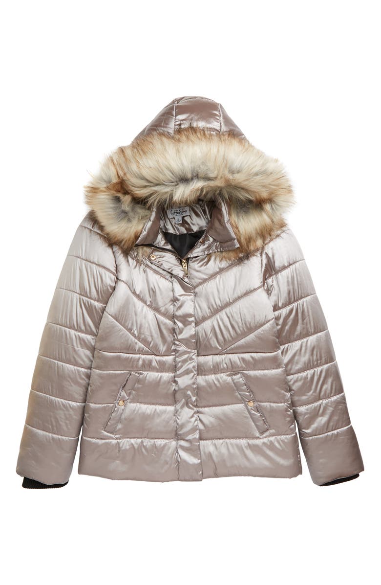 Coffee Shop Metallic Faux Fur Trim Puffer Jacket, Main, color, 