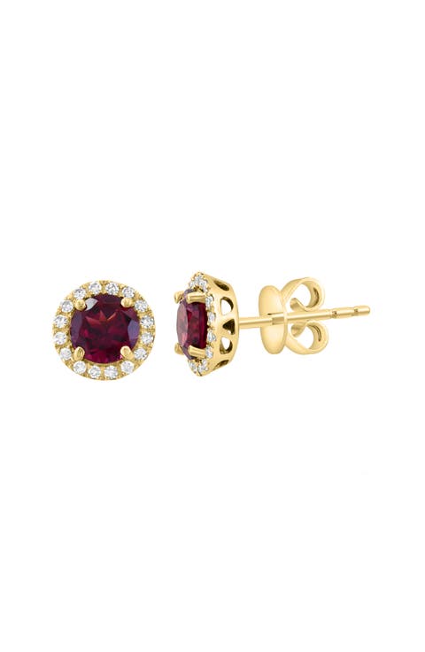 Halo Rhodolite Garnet & Diamond Stud Earrings - 0.12ct.