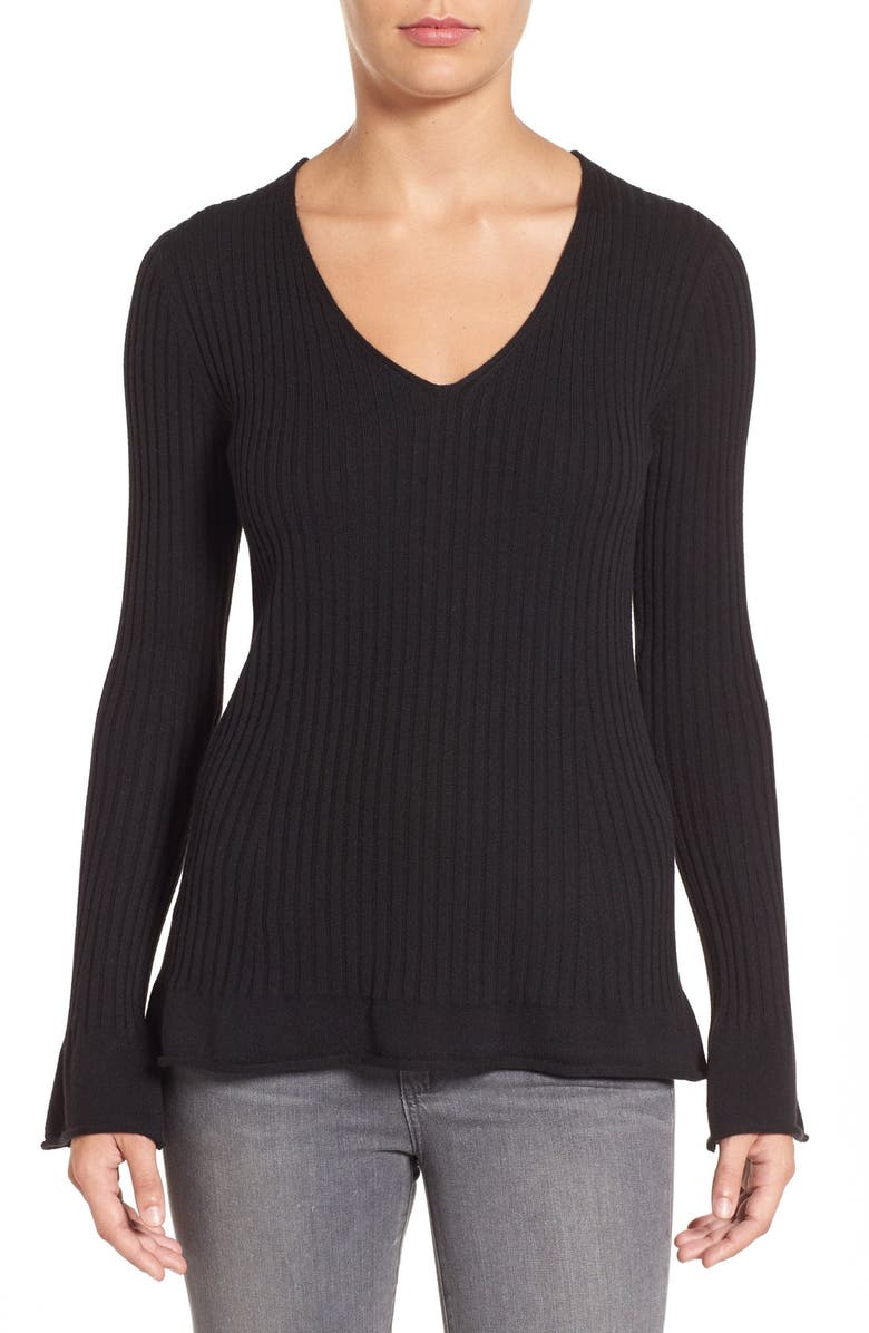 Halogen<sup>®</sup> Bell Sleeve Rib Knit V-Neck Sweater, Main, color, 