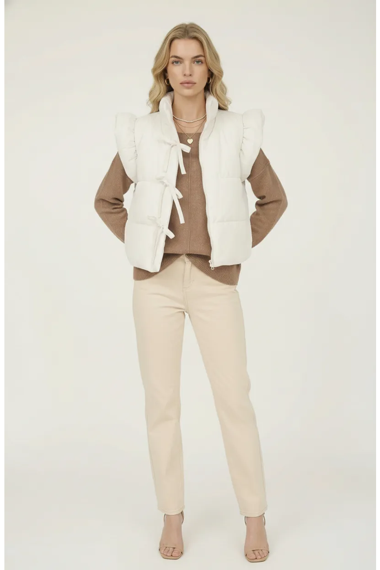 Ruffle Shoulder Puffer Vest with Front Tie Closures and Stand Collar, Alternate, color, White