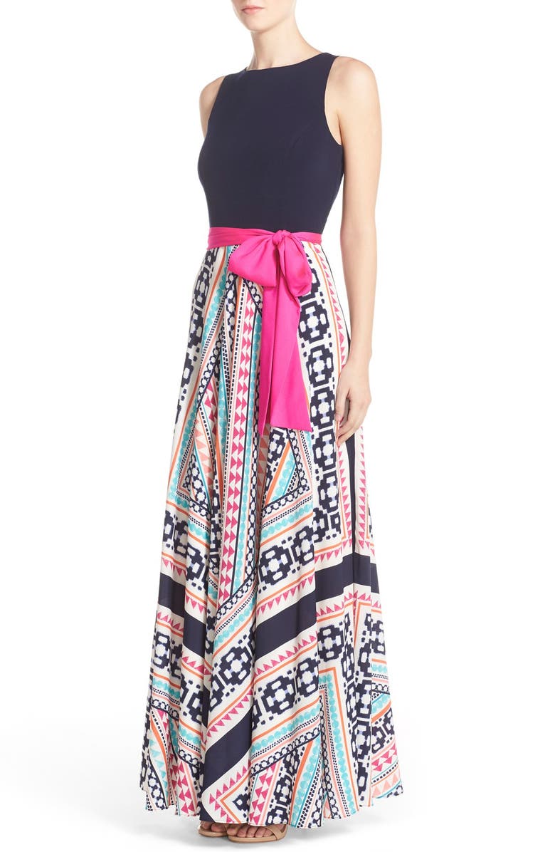 Eliza J Jersey & Print Crêpe de Chine Maxi Dress, Alternate, color, 