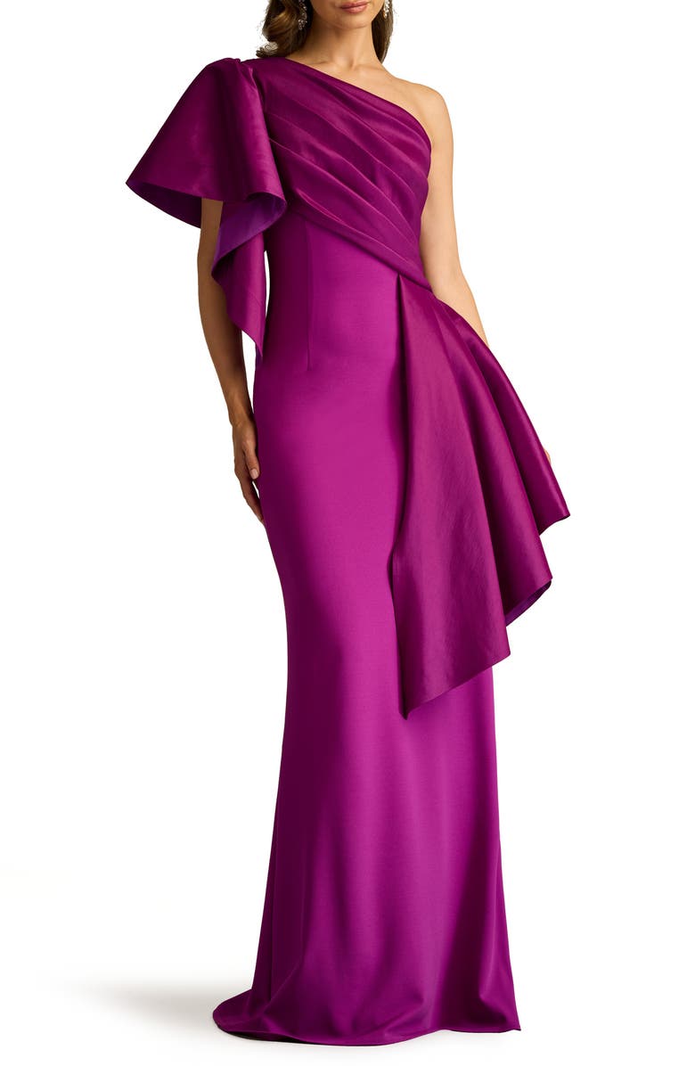 Tadashi Shoji Draped One-Shoulder Mixed Media Gown, Main, color, Magenta