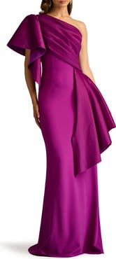 Tadashi Shoji Draped One-Shoulder Mixed Media Gown