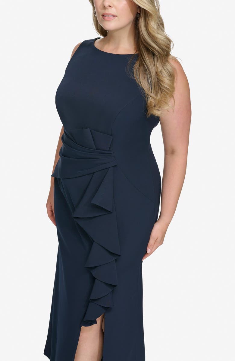 Eliza J Cascade Ruffle Sleeveless Gown, Alternate, color, Navy