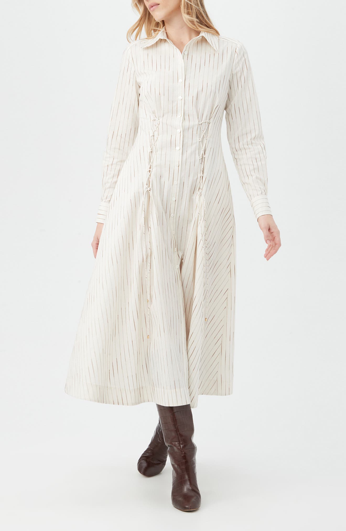 Trina Turk Omari Stripe Long Sleeve Silk & Cotton Blend Shirtdress