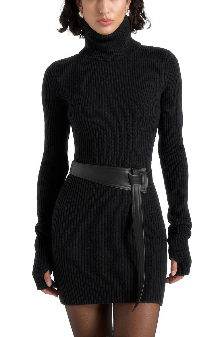 Kalia Roll Neck Knitted Mini Dress With Belt, Main, color, Black
