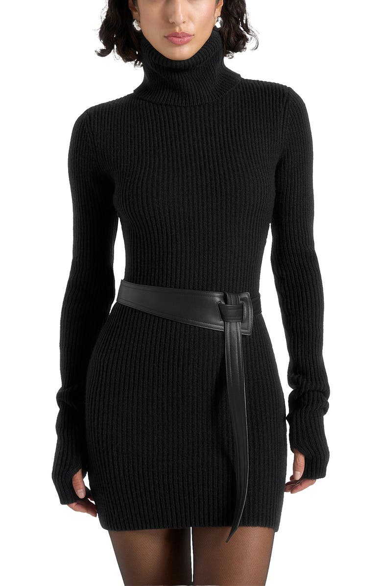 Manière De Voir Kalia Roll Neck Knitted Mini Dress With Belt, Main, color, Black