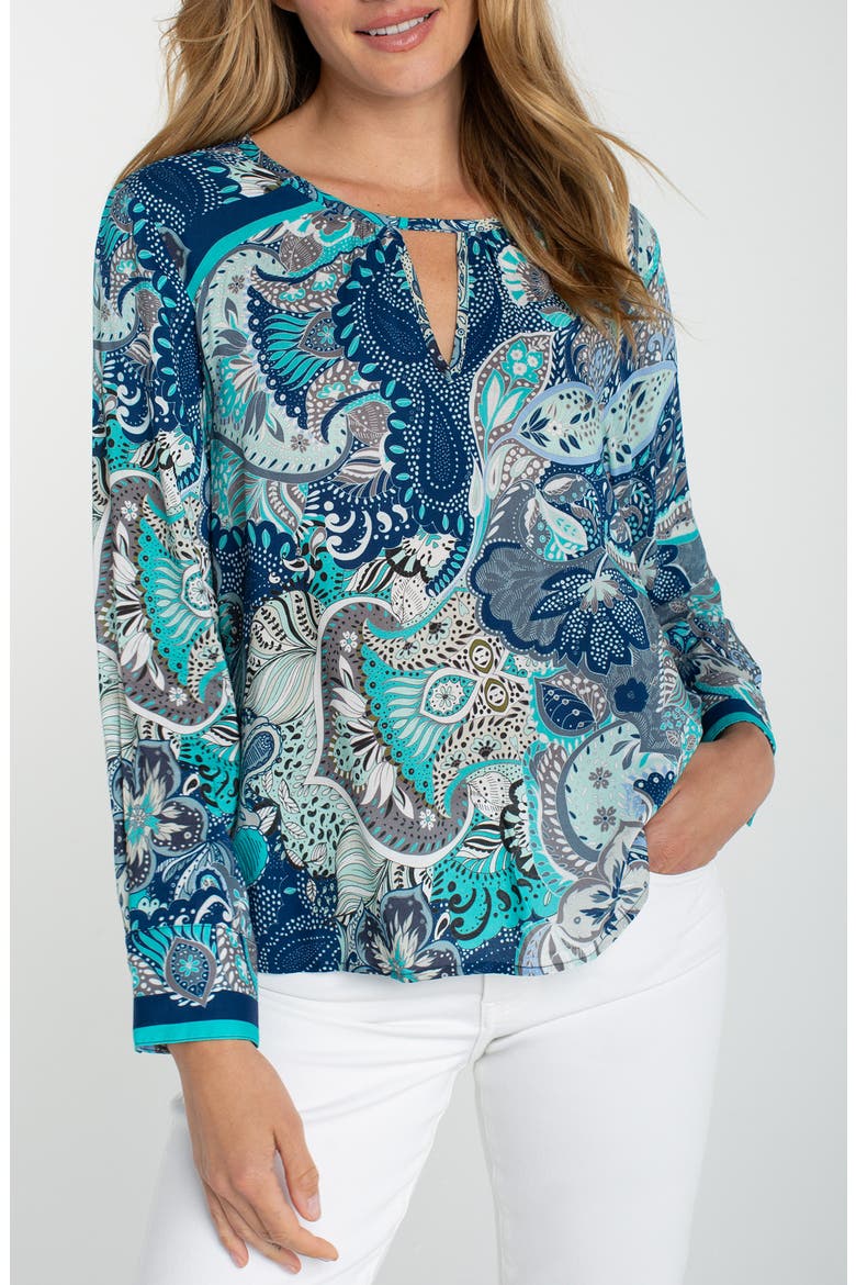 Print Keyhole Top, Main, color, AQUA BLUE