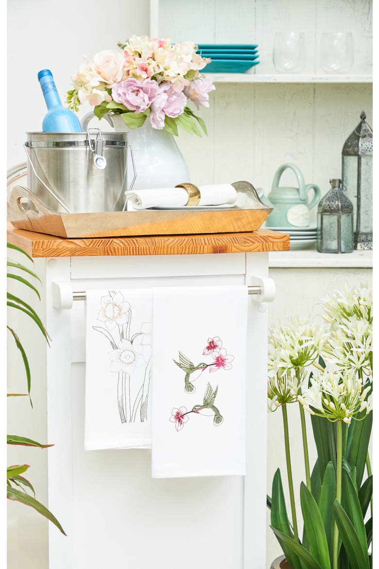 Hummingbird Flower Embroidered Flour Sack Cotton Kitchen Towel, Alternate, color, White