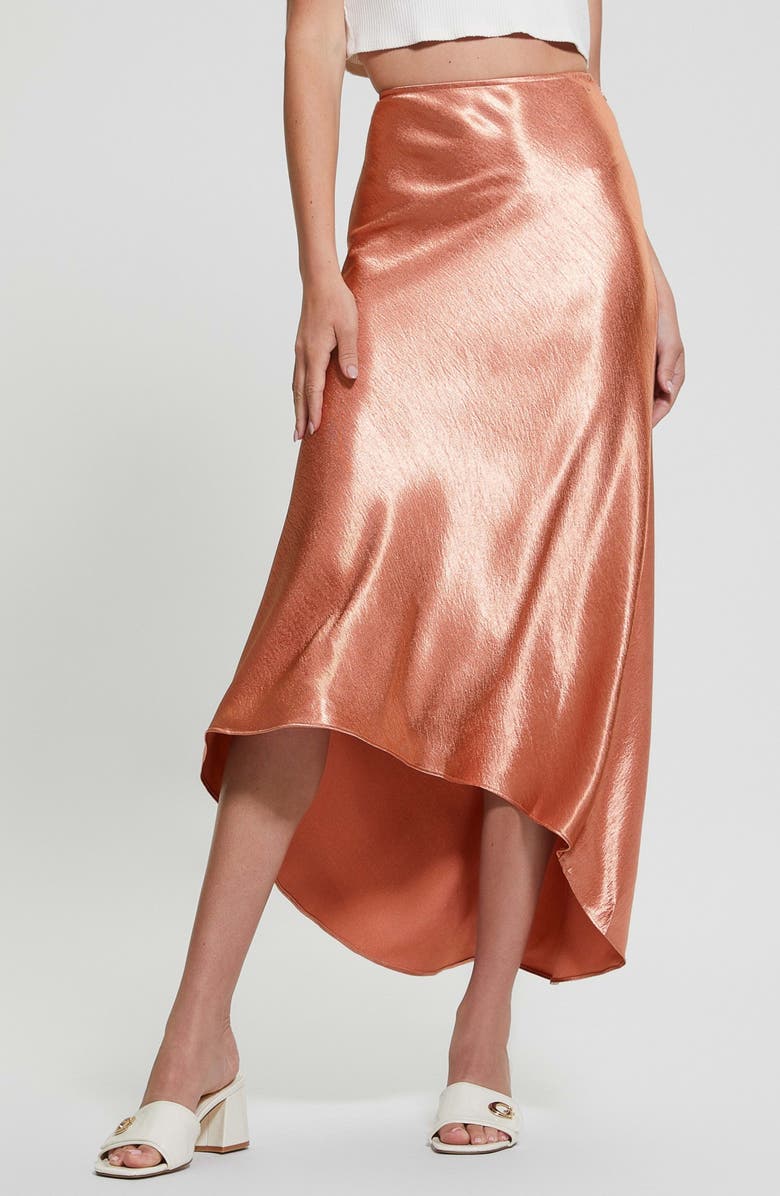 GUESS Lilya Bias Cut Satin High-Low Midi Skirt, Main, color, 