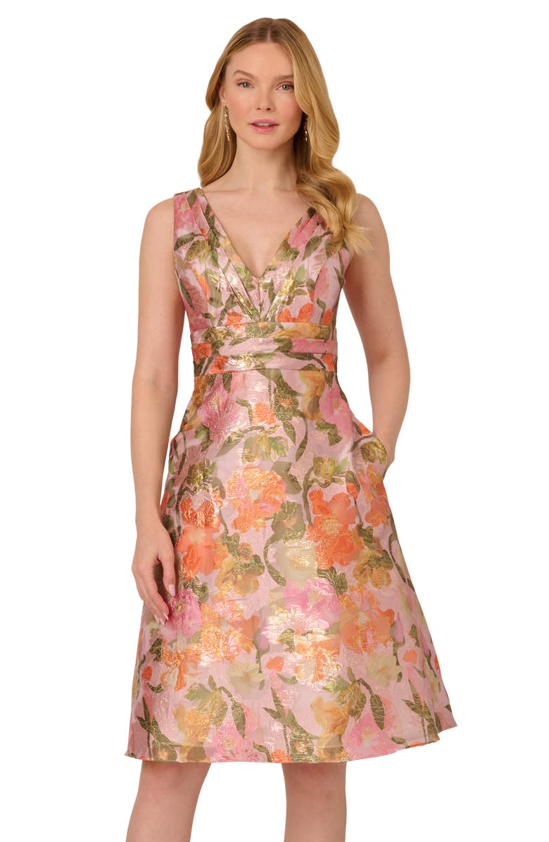 Adrianna Papell Metallic Floral Jacquard Cocktail Dress, Alternate, color, 