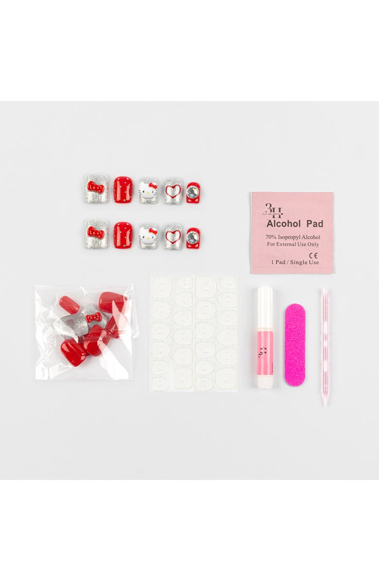 3H Nails Hello Kitty 3D Handmade Luxury Press-On Nails - 24-Piece Kit, Alternate, color, Red, Silver